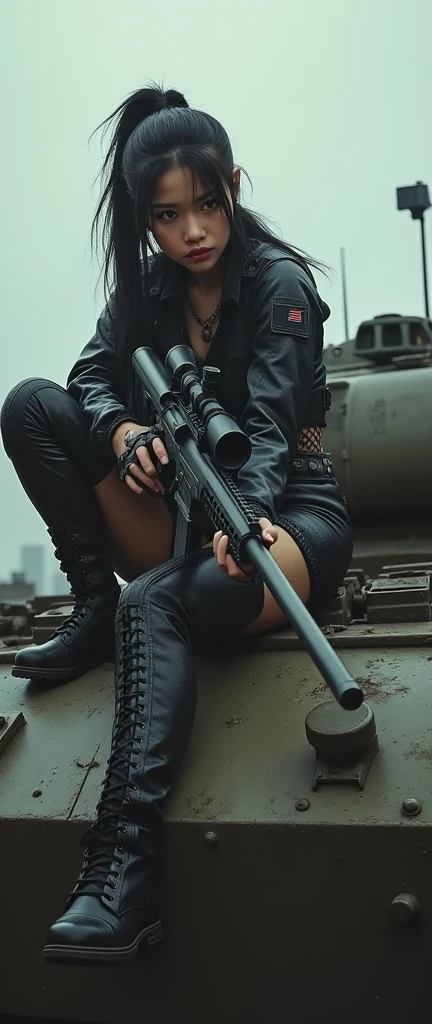 bleak gritty action edgy so much swagger trained marine corp militant asian female solider with her female squads with serious expresion with an attitue vengance she adorn with pony tail hairstyle adorn feme Fatale Ninja assassin hip hop rap style in black fishnet stockings linger latex sniper rifle on recline on a tank aiming sniper absolute disrespect bad-mannered