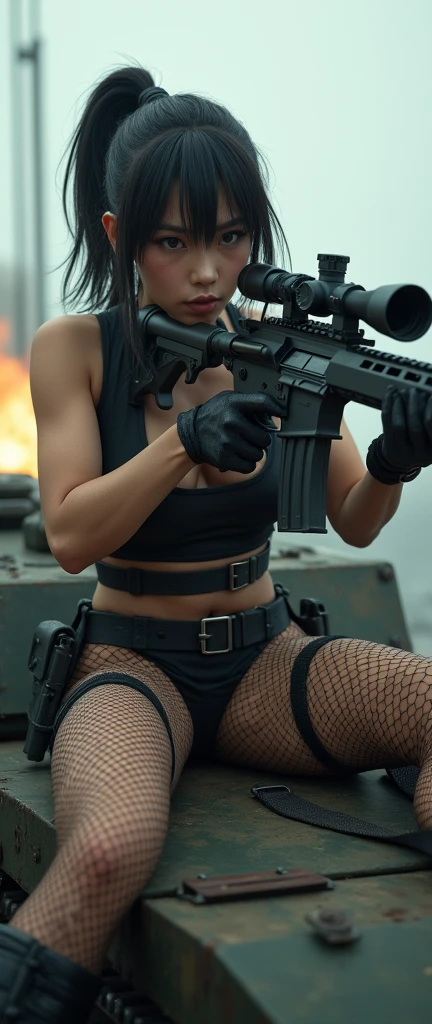 bleak gritty action edgy so much swagger trained marine corp militant asian female solider with serious expresion with an attitue vengance she adorn with pony tail hairstyle adorn hip hop rap style in black fishents linger latex sniper rifle on recline on a tank aiming sniper absolute disrespect bad-mannered