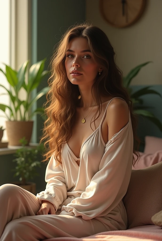 (photorealism:1.2), beautiful woman, wearing loose off-shoulder top, pajama pants, long curly hair, indoors, soft lighting, plants in background, window with sunlight, cozy room, relaxed pose, realistic, intricate details, warm colors
