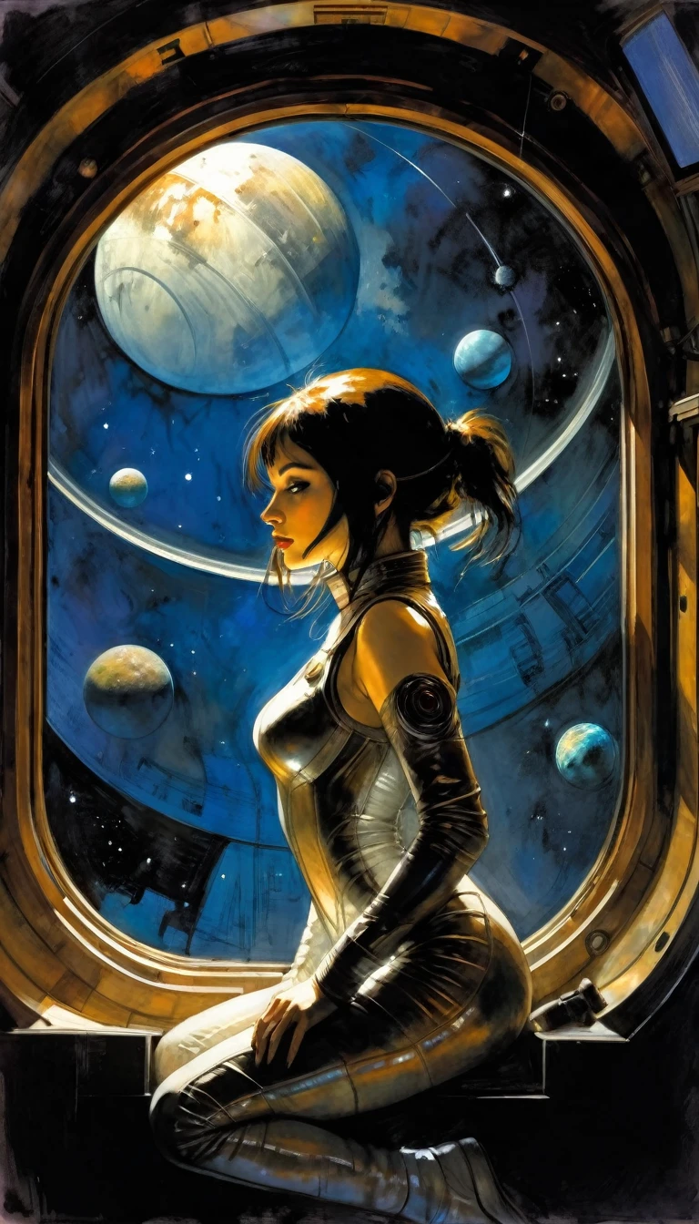 sexy girl, astronaut, dressed as an astronaut, in spaceship, bay window with views of planets and stars, eroticism, sexy, black and white image, between shadows, oil painting, chiaroscuro, sensual, dramatic lighting, moody atmosphere, photorealistic, intricate details, masterpiece, ultra-detailed, high quality, 8k, best quality, realistic, cinematic, dark and brooding, expressionistic, powerful composition, emotional impact, art inspired by Bill Sienkiewicz and Dave McKean

