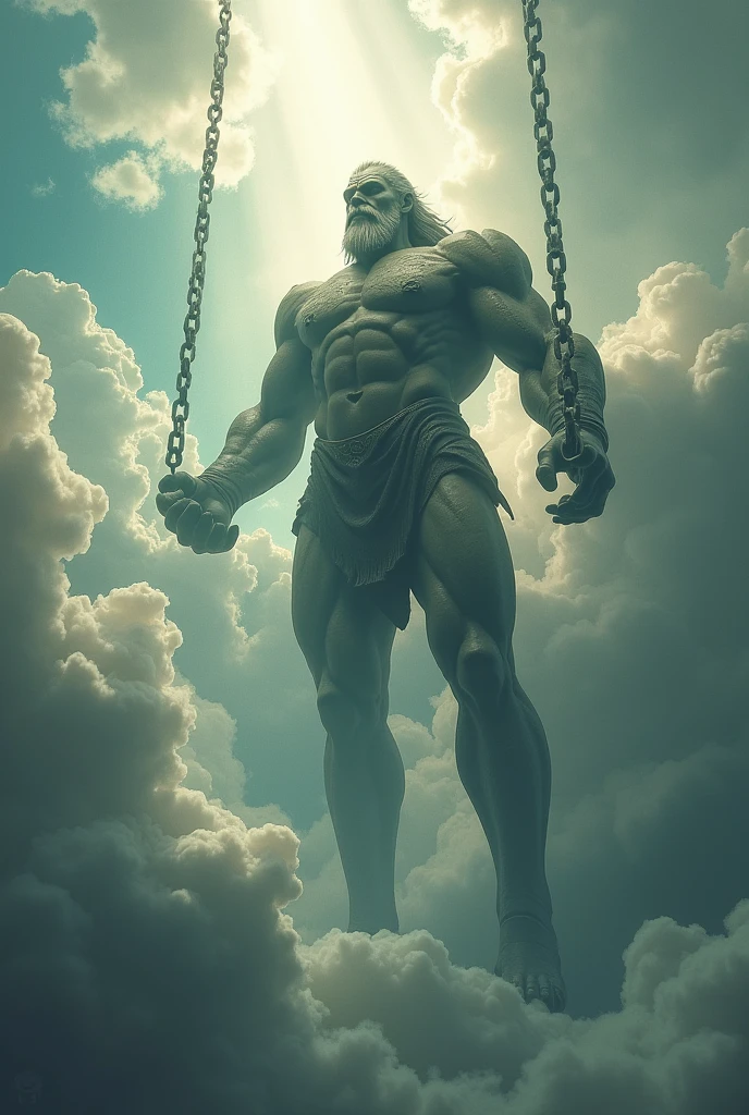 A mythological being chained between the clouds