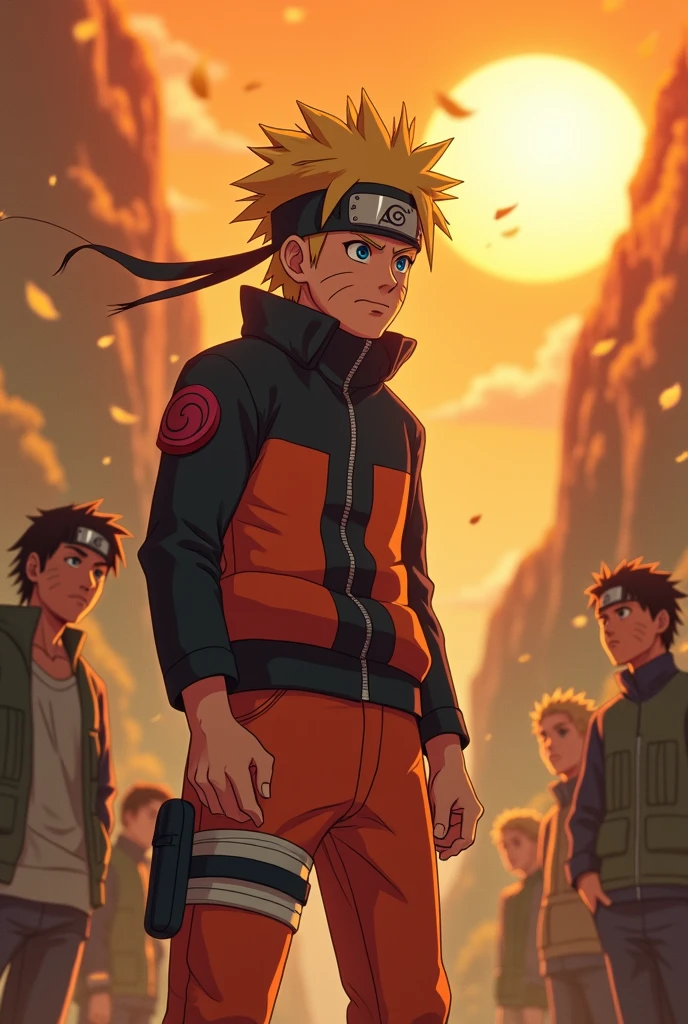 Create a detailed scene where Naruto Uzumaki is training in the Hidden Leaf Village. The sun is setting, casting an orange glow over the village. Naruto, wearing his signature orange jumpsuit, is practicing a new jutsu. His intense focus is evident, with sweat dripping down his face. In the background, you can see the Hokage faces carved into the mountain, and some of Naruto's friends, like Sakura and Kakashi, are watching him with a mix of concern and admiration. The atmosphere is vibrant, full of energy, with leaves gently swaying in the wind."