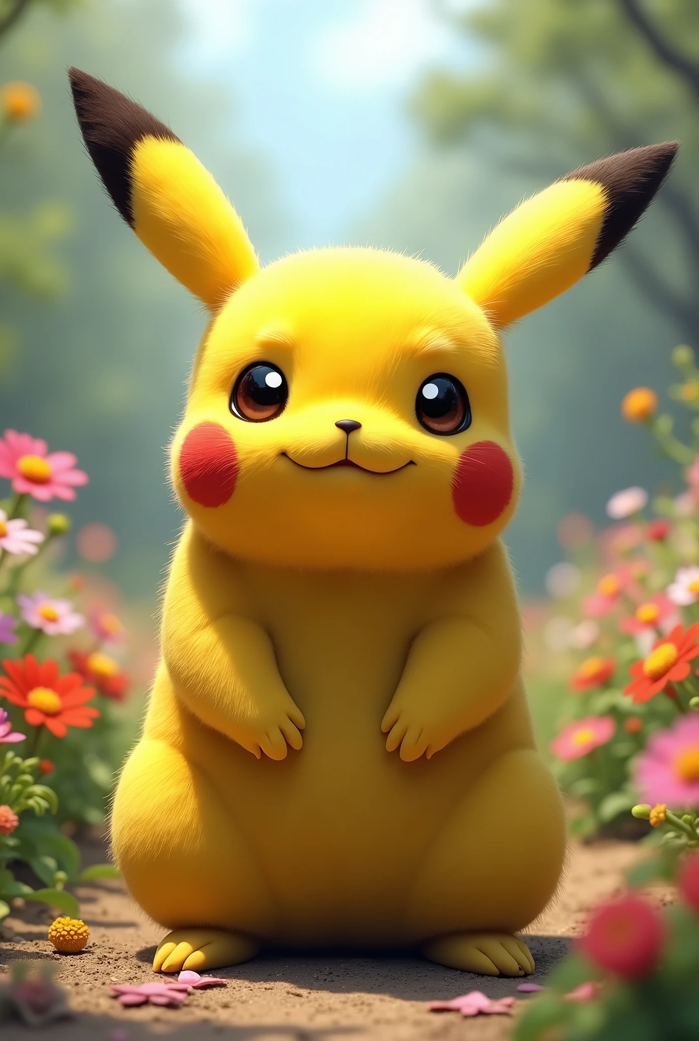 Front facing、Realistic、Pikachu、Background flower garden