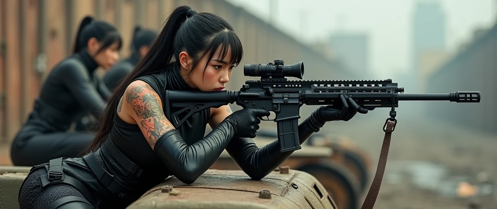 bleak gritty action edgy so much swagger trained marine corp militant asian female solider with her female squads with serious expresion with an attitue vengance she adorn with pony tail hairstyle adorn hip hop rap style in black fishents linger latex sniper rifle on recline on a tank aiming sniper absolute disrespect bad-mannered