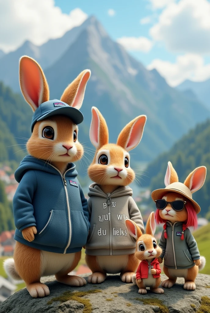 4 rabbits on a mountain in Berchtesgaden:
The First , men rabbit is wearing a Patagonia cap and is the biggest
The second men rabbit is a little smaller with a hoodie where is the text "pass auf wen du liebs" in it
The Third, Woman rabbit is wearing sunglasses and is pretty
the fourth and smallest Woman rabbit is wearing a sun hat and has red hair