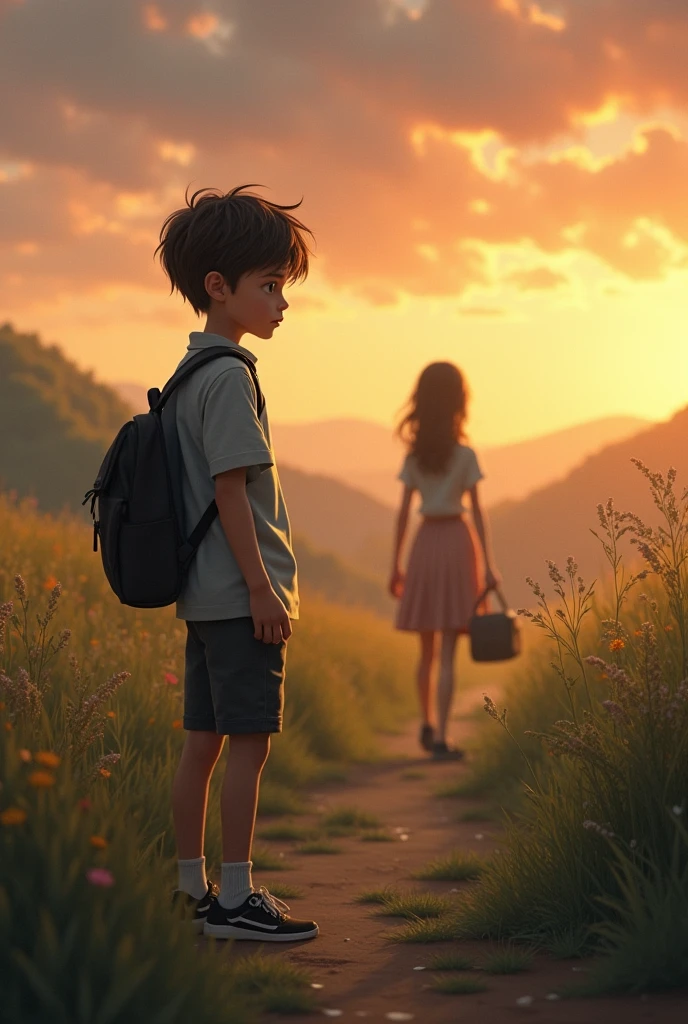 Create image of boy look at girl she leave the boy 

