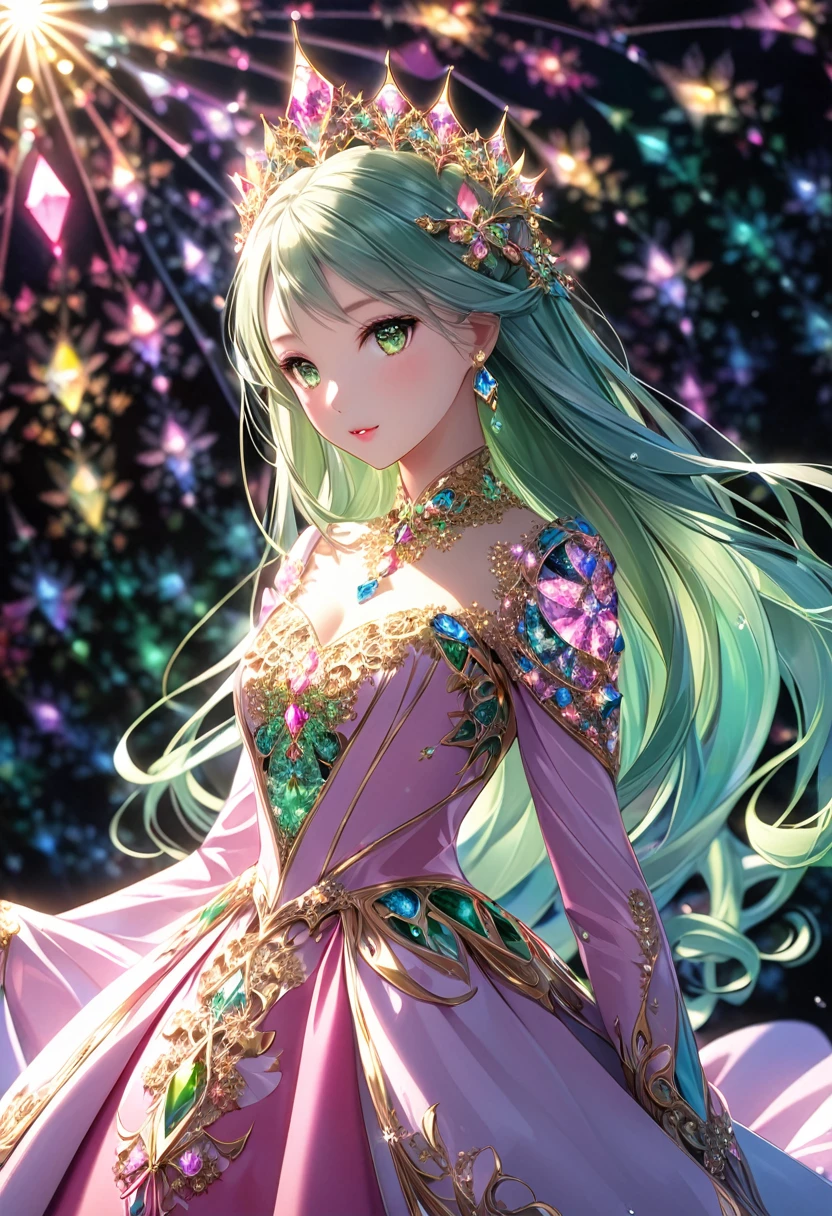 full body.(masterpiece、Highest quality、Highest quality、Official Art、detailed、Beautiful and aesthetic:1.2)、(One Girl)、(Fractal Art:2.0)、Very long straight hair、Pink Shiny Crystal Colorful Hair, Yellow-green crystal eyes, Close-up shot, Face shot, Focus on your audience, Fascinating face, Meaningful Expressions, Wearing a dress、coat, Disney Princess Style, And soul, Gorgeous and colorful light details、Floating water droplets, Backlight, Intuitive、sharp、Accurate focus、Instagram Photos、Photo of the Year、Cinema 4D、dramatic、