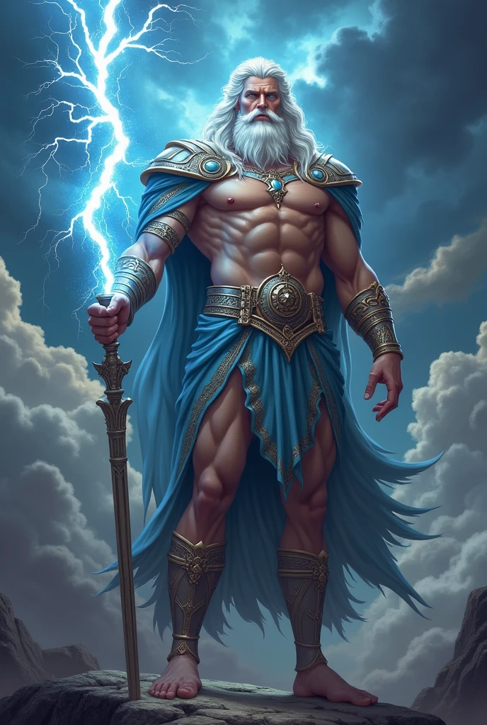 A muscular Zeus holding a lightning bolt, white hair, blue eyes