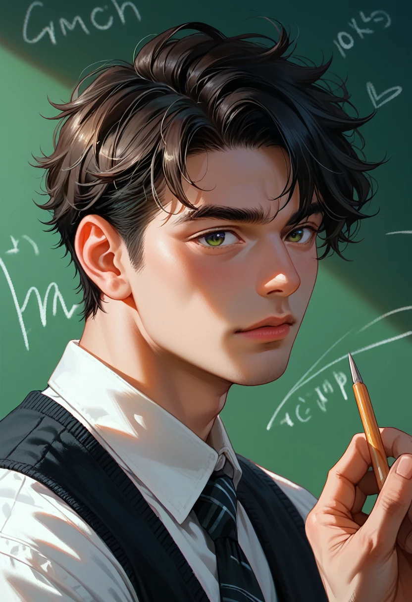 Animation ok, character is a black man, thin, short hair, is a teacher, behind him has a green background.