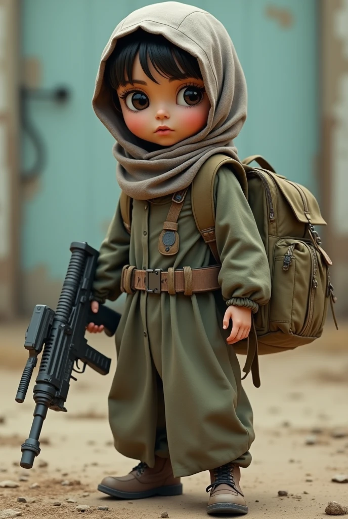 Dora the explorer in men muslim outfit with a backpack and a remote looking like a suicide bomber
