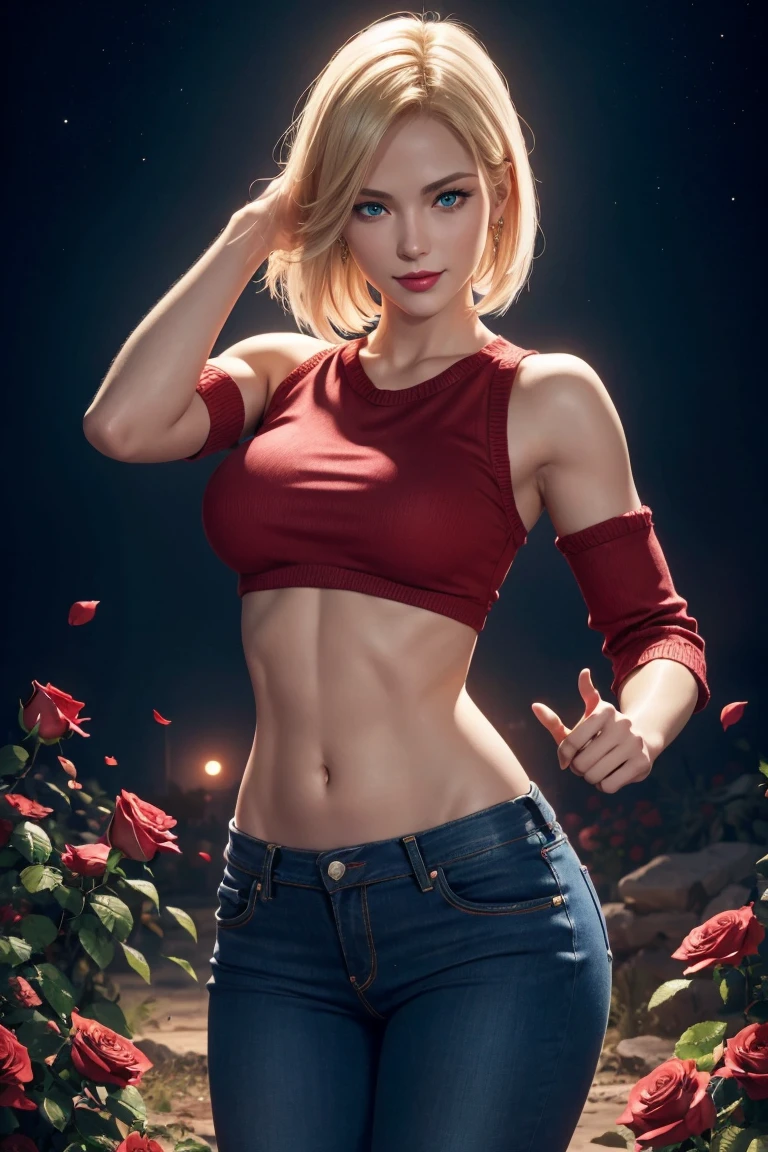 KOF,King of Fighters,Blue Mary,Blue Eyes,Blonde Hair,Medium Hair,Beautiful white skin,Photorealistic,Ultra HD,high quality,masterpiece,Digital SLR,Detailed details,Intricate details,Anatomical basis,Depicted in detail,A detailed face,Realistic skin texture,Vivid details,Perfect Anatomy,Perfect Anatomy,Anatomically correct hand,Anatomically correct fingers,Super Detail,Complex 3D rendering,Sexy pose,Red knitted tops,No sleeve,jeans,Fantasy worldview,Beautiful red sea,Beautiful Red Moon,Beautiful night sky,Petals of roses dance,Picturesque,Pink Lips,smile,