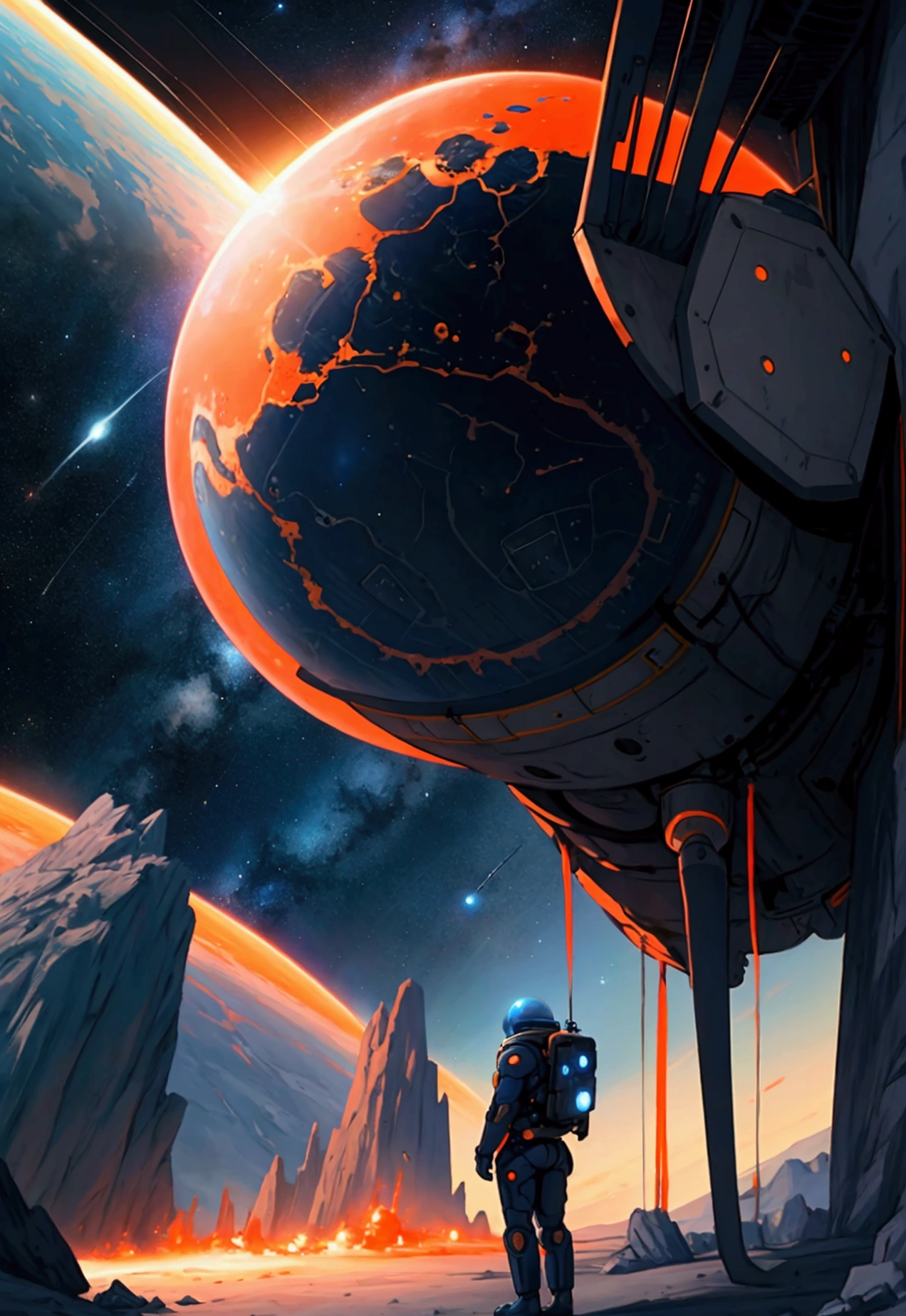 Realistic backdrop, navy blue, orange, adventure, technology, space war, alien land.