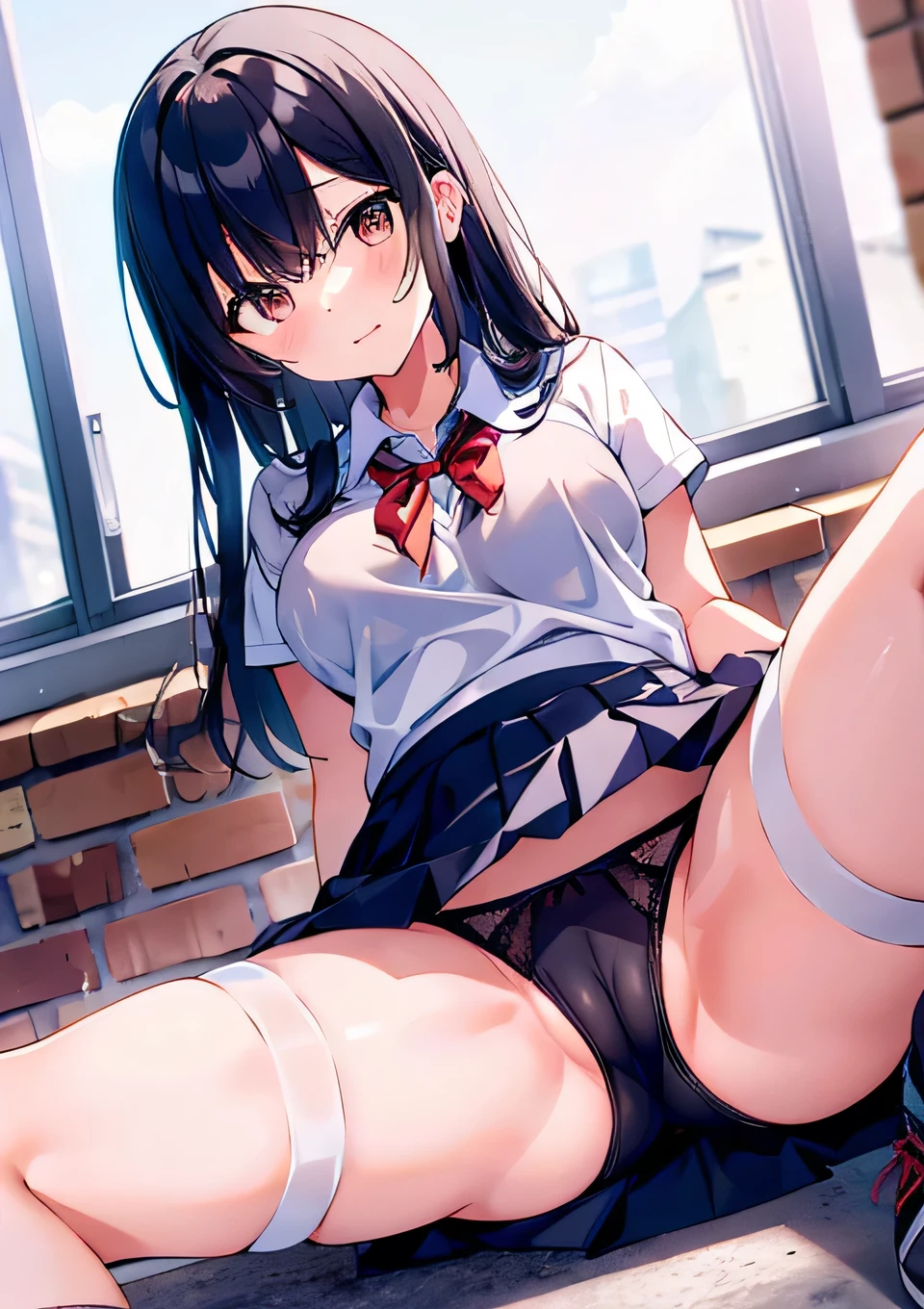 Gymnasium Warehouse high school student Leg spread I can see your underwear under your skirt My underwear is digging into my pussy. Wet I can see the lines of her pussy Tight underwear Black thin underwear Front pose tits