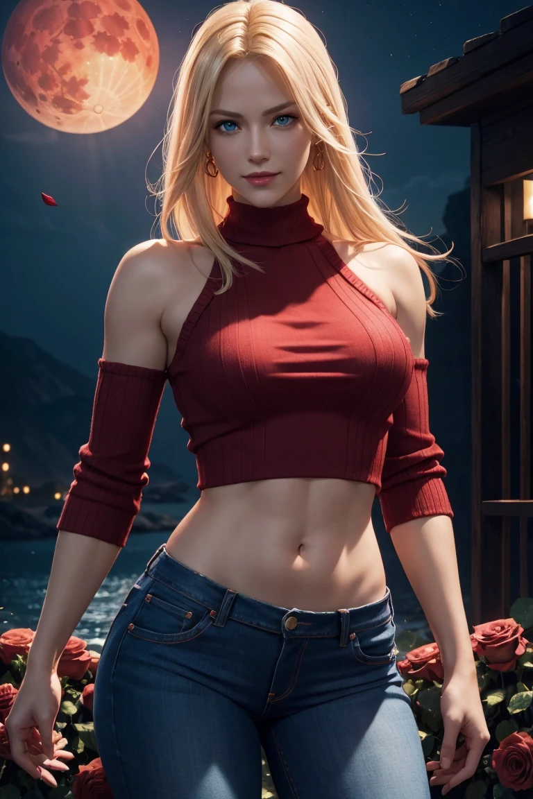 KOF,King of Fighters,Blue Mary,Blue Eyes,Blonde Hair,Medium Hair,Beautiful white skin,Photorealistic,Ultra HD,high quality,masterpiece,Digital SLR,Detailed details,Intricate details,Anatomical basis,Depicted in detail,A detailed face,Realistic skin texture,Vivid details,Perfect Anatomy,Perfect Anatomy,Anatomically correct hand,Anatomically correct fingers,Super Detail,Complex 3D rendering,Sexy pose,Red knitted tops,No sleeve,jeans,Fantasy worldview,Beautiful red sea,Beautiful Red Moon,Beautiful night sky,Petals of roses dance,Picturesque,Pink Lips,smile,