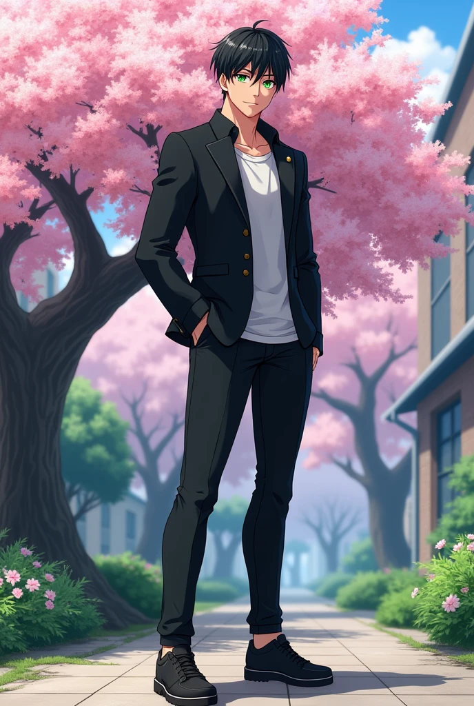 A strong fantasy anime boy with shiny green eyes who has a soft smile on his lips and looks at you standing. stylish black school jacket with black pants , black sports shoes, neat black hair, behind him is a big cherry tree in the school yard . a strong body as a sign of exerciser being