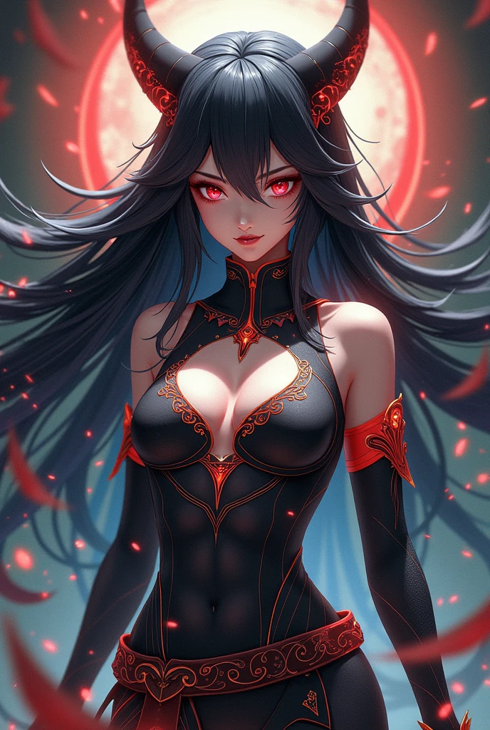 Create an anime girl around 1, a height of 180cm, sexy fitness, fierce eyes like a hunter, curved torso, beauty shape of jawline, beautiful, smooth skin, E - cup size of breast, her eyes are dark red, with a good chin, her hair is pitched black red, she symbolized as an Scarlet Phantom, she had a phantom scythe that overflowing of aura.