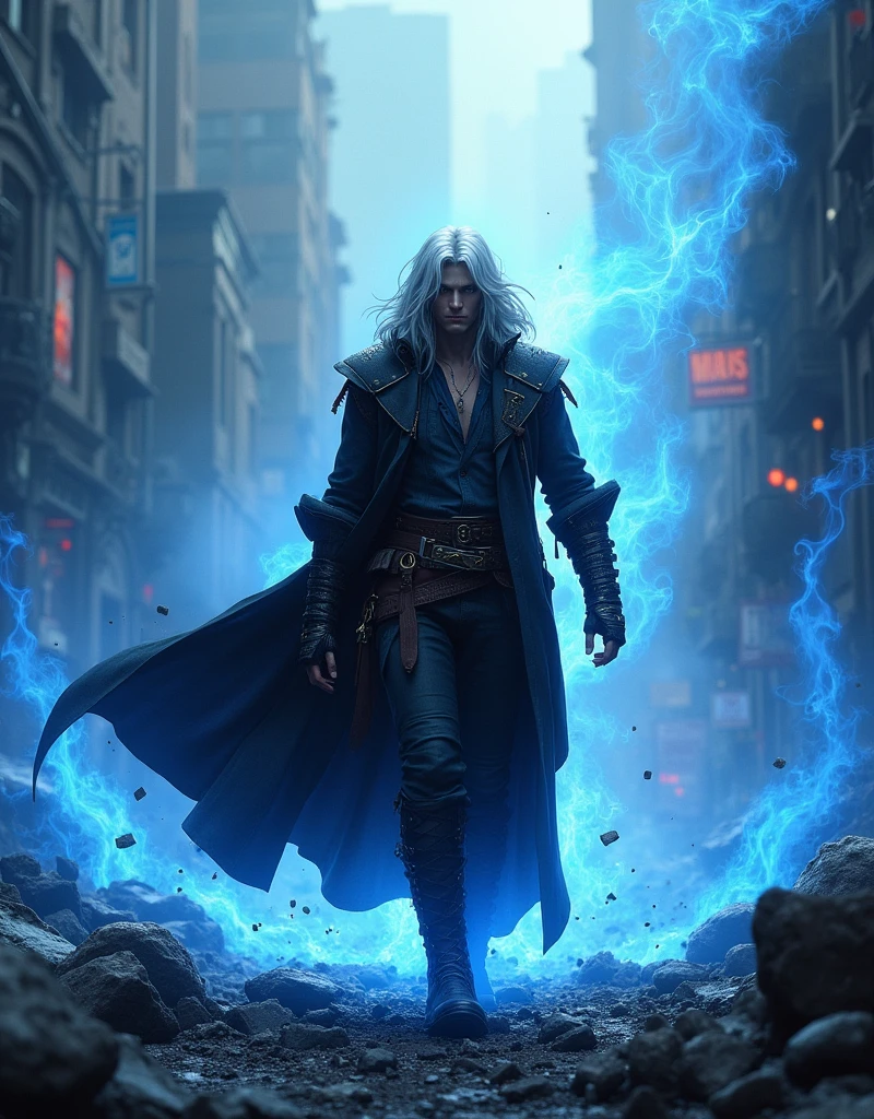 (masterpiece, best quality:1.2), 1boy, dante, white hair, open clothes, coat, fingerless gloves, belt, city, detailed eyes, destroyed buildings, destruction, (night:1.4), natural lighting, cinematic, epic, Battle pose, surrounded by blue fire, wallpaper 4k, highest quality digital art, Stunning art,8k,k, HD, unparalleled masterpiece, dynamic lighting, cinematic, epic
