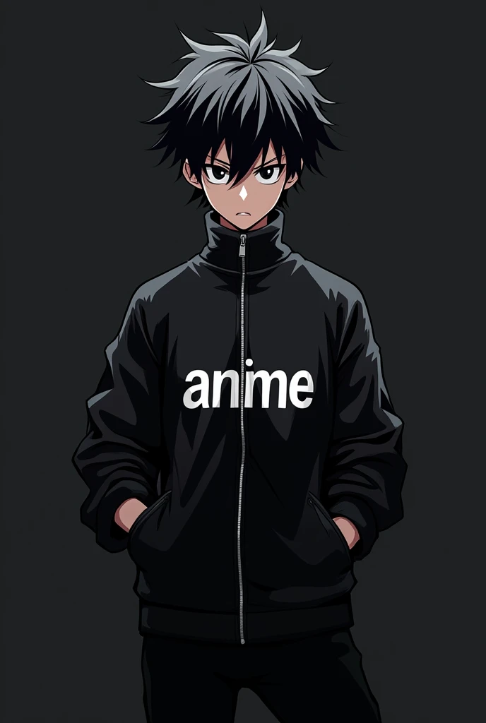 Create an image of anime boy with black jacket written Anime with syco black hairs black eyes colour black for my youtube logo