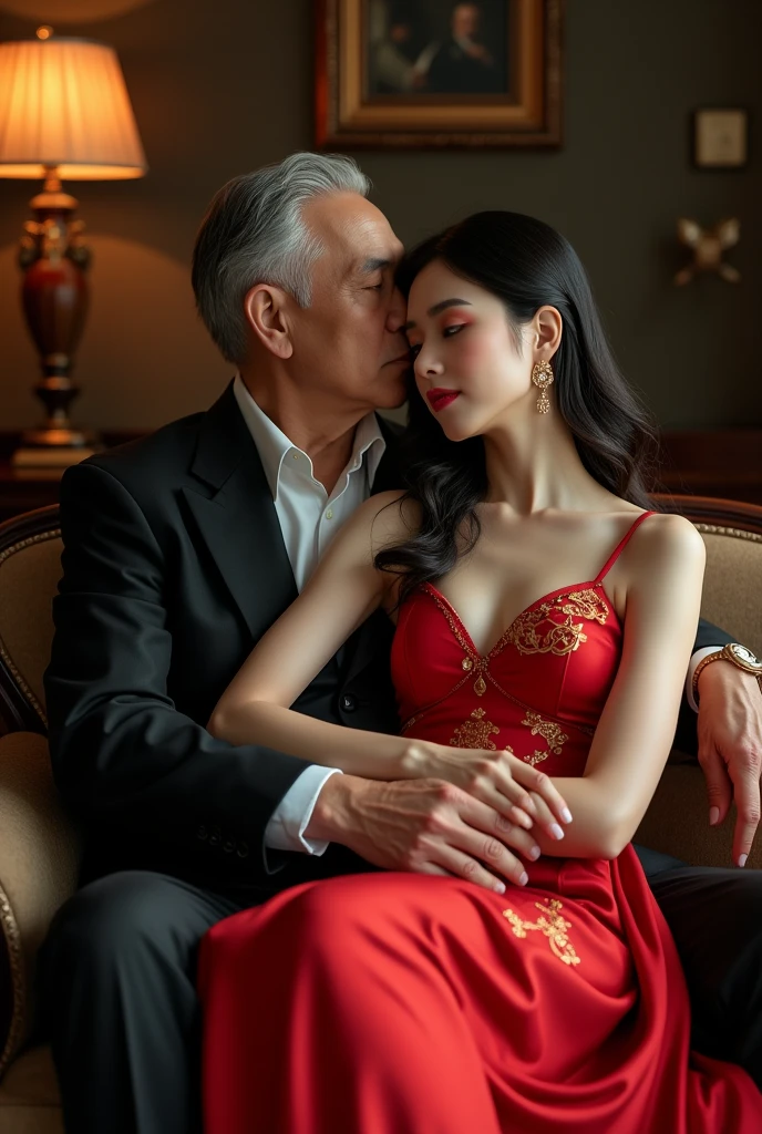 28 year old sexy Korean girl with big boobs ,wearing red silky Chinese traditional dress qipao, surrounded by rich old fat man groping her , she looks into camera, naughty , her armps up and man sniffing her