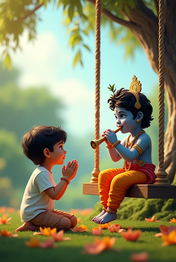 create a 3D realistic picture "A boy is worshiping Shree Krishna and Shree krishna is sitting on a swing and playing flute and "Rupchand" is written on the boy's t-shirts and the boy is worshiping and in the background "Happy Janmashtami" is written in bold font clearly, make sure everything should be correct