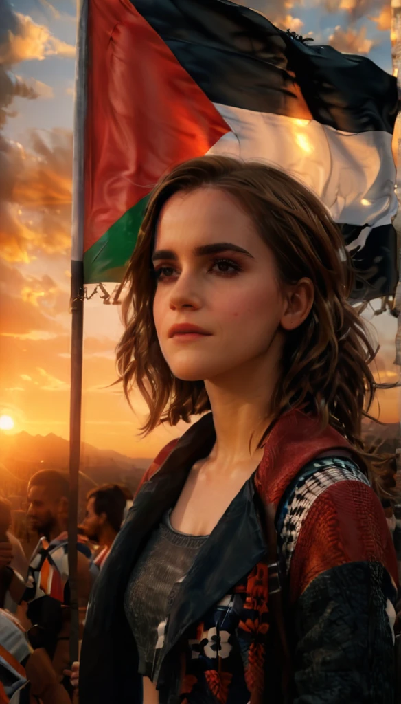 (Emma Watson) long hair:1.5, realistic,highres,reality,creative,(huge filesize, (Palestine flag flying) in the wind with a sunset) in the background unreal engine, octane render, trending on artstation, incredible detail