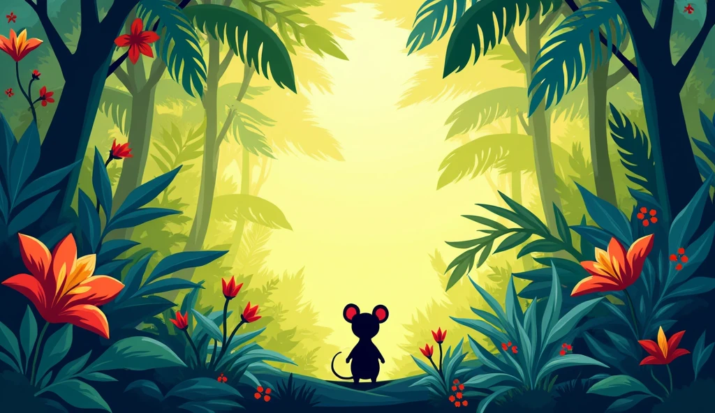 A final, full-page illustration of the vibrant, thriving colourful jungle, with a small
silhouette of Little Mouse in the foreground, a symbol of the story's enduring message for children book