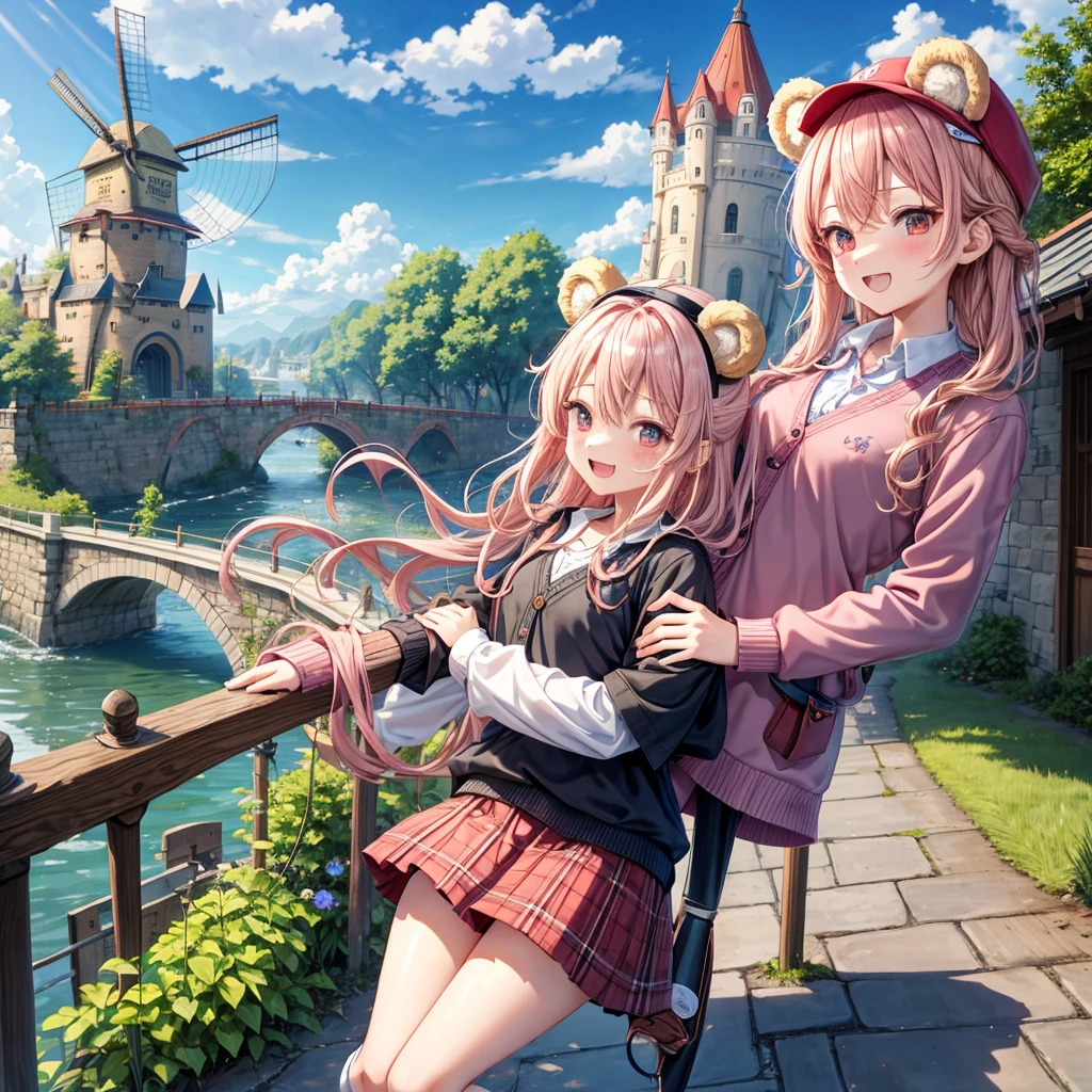 Pink Blonde、Red eyes、Wavy Hair、Hair tied up、Two cute、Checked mini skirt、black t-shirts、cardigan、Knee-high socks、bear ears baseball cap、Teeth are visible、Monster Castle、Tilting face、crossing the bridge、hazakura、windmill、grass、Stones are growing out of the ground.、A teddy bear is walking、Morning glory is blooming.、In front of the city gates、clock、Underground tunnels、Waterway、Small boat