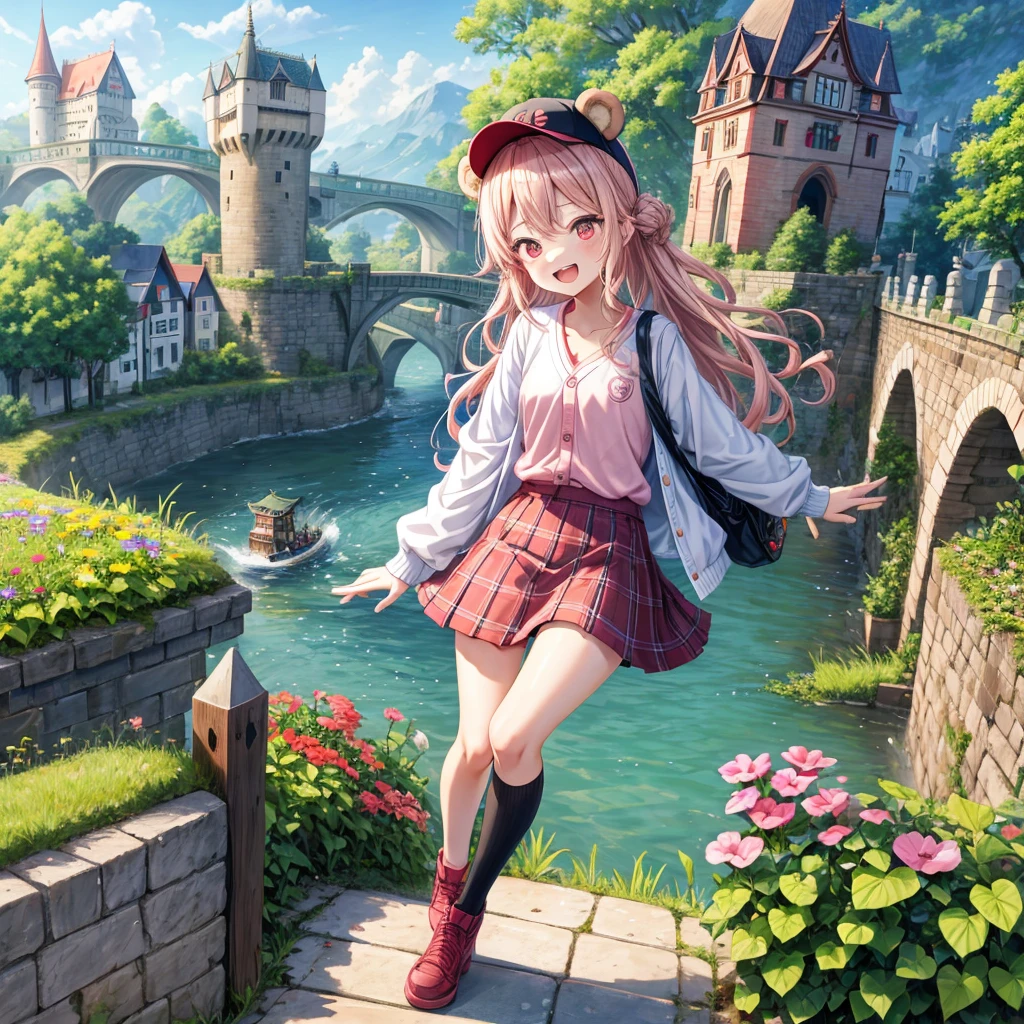 Pink Blonde、Red eyes、Wavy Hair、Hair tied up、Two cute、Checked mini skirt、black t-shirts、cardigan、Knee-high socks、bear ears baseball cap、Teeth are visible、Monster Castle、Tilting face、crossing the bridge、hazakura、windmill、grass、Stones are growing out of the ground.、A teddy bear is walking、Morning glory is blooming.、In front of the city gates、clock、Underground tunnels、Waterway、Small boat