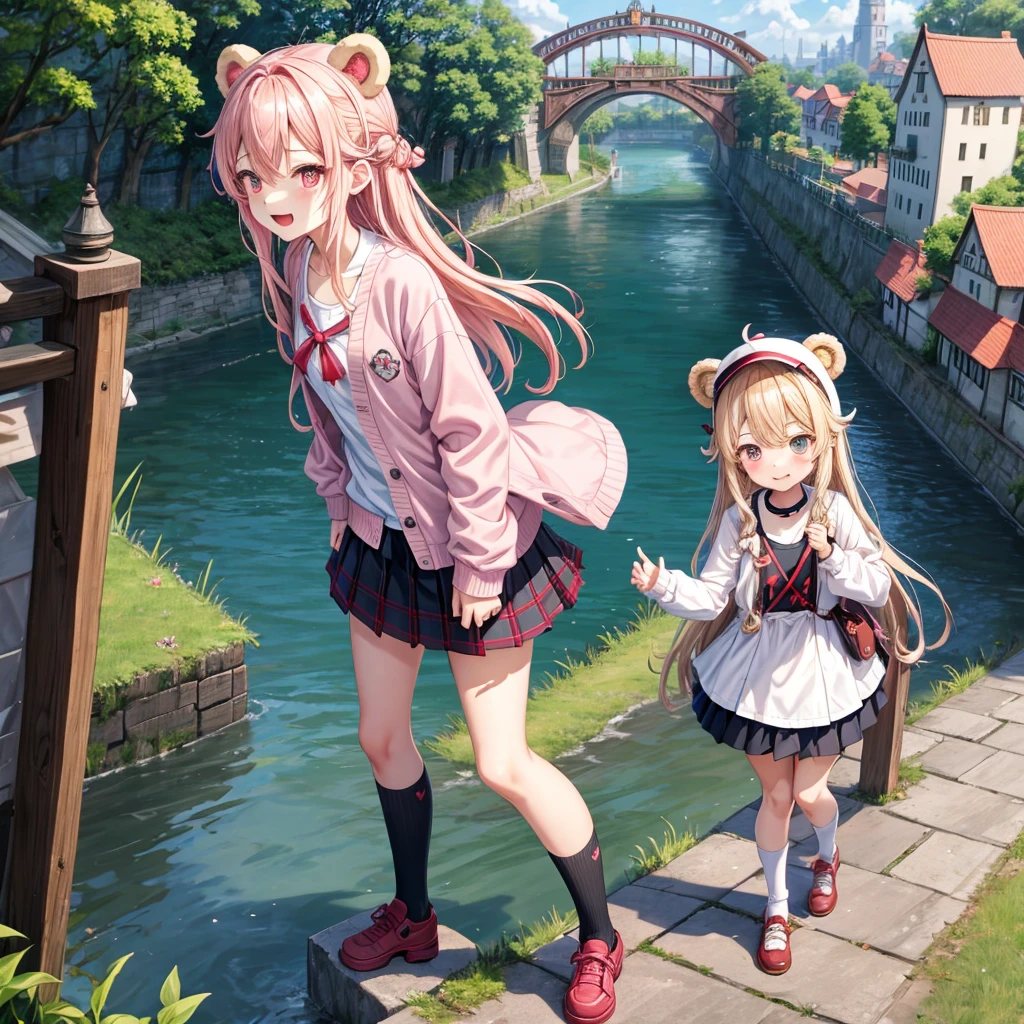 Pink Blonde、Red eyes、Wavy Hair、Hair tied up、Two cute、Checked mini skirt、black t-shirts、cardigan、Knee-high socks、bear ears baseball cap、Teeth are visible、Monster Castle、Tilting face、crossing the bridge、hazakura、windmill、grass、Stones are growing out of the ground.、A teddy bear is walking、Morning glory is blooming.、In front of the city gates、clock、Underground tunnels、Waterway、Small boat