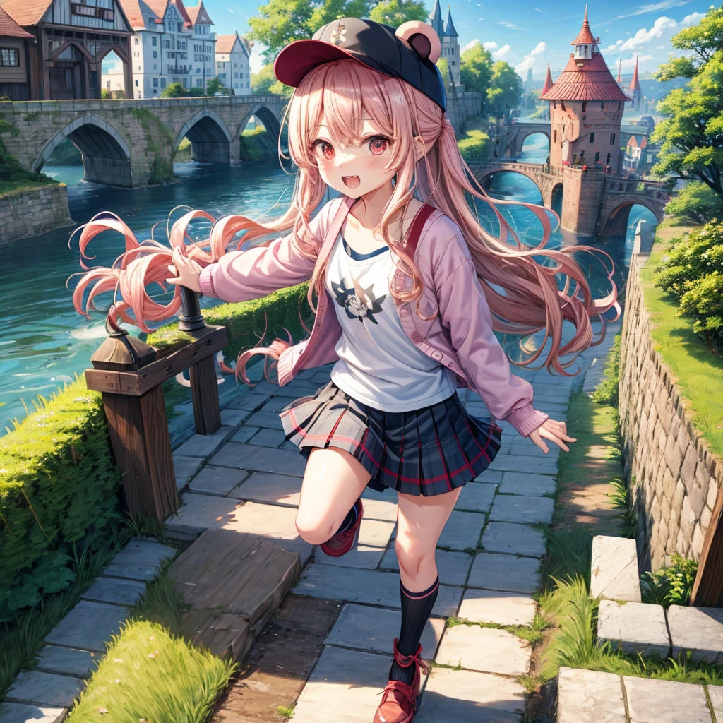 Pink Blonde、Red eyes、Wavy Hair、Hair tied up、Two cute、Checked mini skirt、black t-shirts、cardigan、Knee-high socks、bear ears baseball cap、Teeth are visible、Monster Castle、Tilting face、crossing the bridge、hazakura、windmill、grass、Stones are growing out of the ground.、A teddy bear is walking、Morning glory is blooming.、In front of the city gates、clock、Underground tunnels、Waterway、Small boat