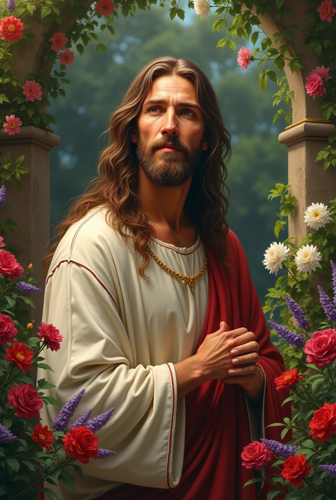Realistic Jesus Christ with a background of flowers garden