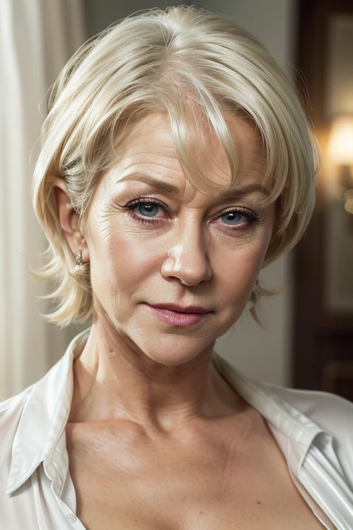 (best quality,4k,Alto:1.2),ultra-detalhado,Realistic, photo, professional, studio lighting, vivid colors, sharp focus, Physically-based rendering,HDR, extremely detailed eyes and face, beautiful detailed lips, long eyelashes,shiny satin shirt, Actriz Helen Mirren, woman 70 years, blond, Curvy, Looking at the Viewer,