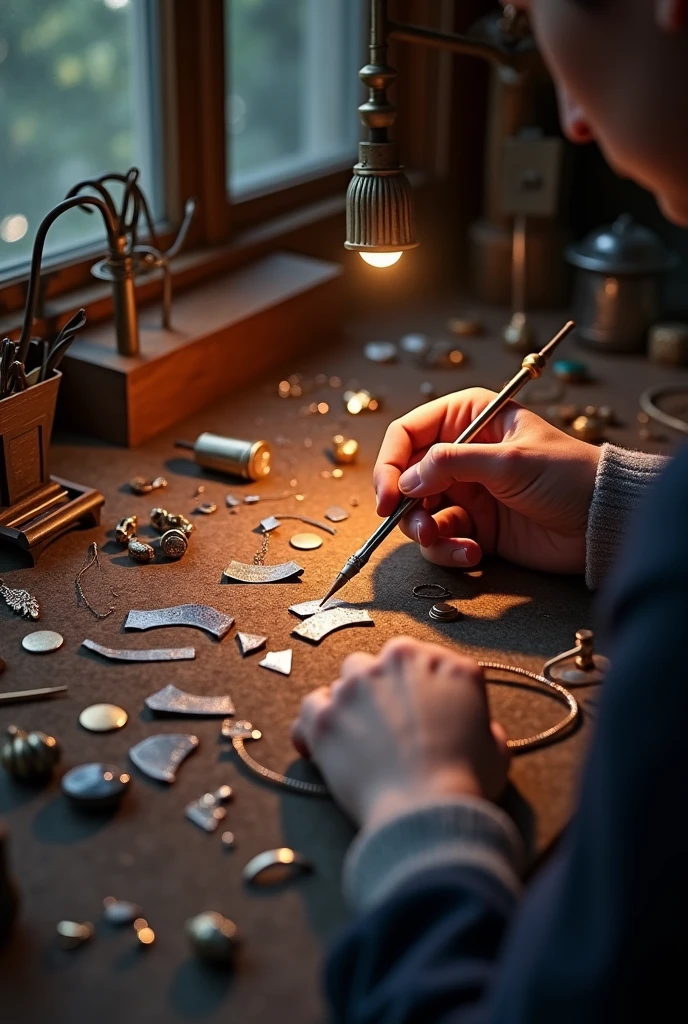 Broken jewelry on a workbench with hand soldering
