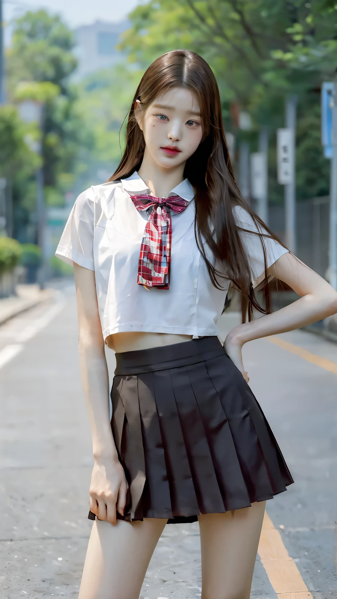 Absurd, RAW Photos, Very delicate and beautiful, masterpiece, Highest quality, Ultra-high resolution, 16K, hyperRealistic, Realistic, photoRealistic, photo-Realistic, Very detailed, Perfect Anatomy, Very detailed肌, Perfect figure, Very detailed CG 8k 壁紙,Erect nipples, perfect nipples, Perfect breasts, Round Breasts, Small Head, Perfect Fingers, ((((whole bodyショット:1.8)))),(((whole body :1.8))), Extremely white skin, Are standing,Stand with your legs aligned,Stand with your back straight,whole bodyを此方に向ける, Medium chest, blush, the wind is strong,(Long legs),(Thin legs), Sexy Legs, on the road, Fluffy hair, bangs, (2 people :1.5), Small Ass,long and thin arms,Long legs, Medium chest, Messy Hair,Put your hands down, Put your hands in your pockets, Put your hands down, Sexy pose,Tight waist, friend, Nude girlfriend, smile, Happy, medium Round Breasts, Sexy pose, walking on the road, Laughter, Three people, ((Keep your spine straight)),((Stand with your legs aligned)),((体whole bodyを此方に向ける)),((Japanese high school girls wearing uniforms)),((Checkered high school uniform with tiny mini skirt)),((High school uniform summer short-sleeved white shirt)), ((Red bow tie)),((Black Loafers)),School boots, Black Hair, Narrow waist,(((Very short white socks that reach to the ankles))),((Height 173cm:1.3)),Slim model body shape,(Slim and muscular athletics body type:1.3),(Slim yet muscular legs),((Thin thighs)),((long thighs)),(((Clothes that expose a lot of bare skin:1.3))),((Sexy bare legs:1.3)),((((He looks just like WONYOUNG from the Korean idol group IVE.:1.8)))),18-year-old girl,((Long legs)),((Anatomically correct:1.3))