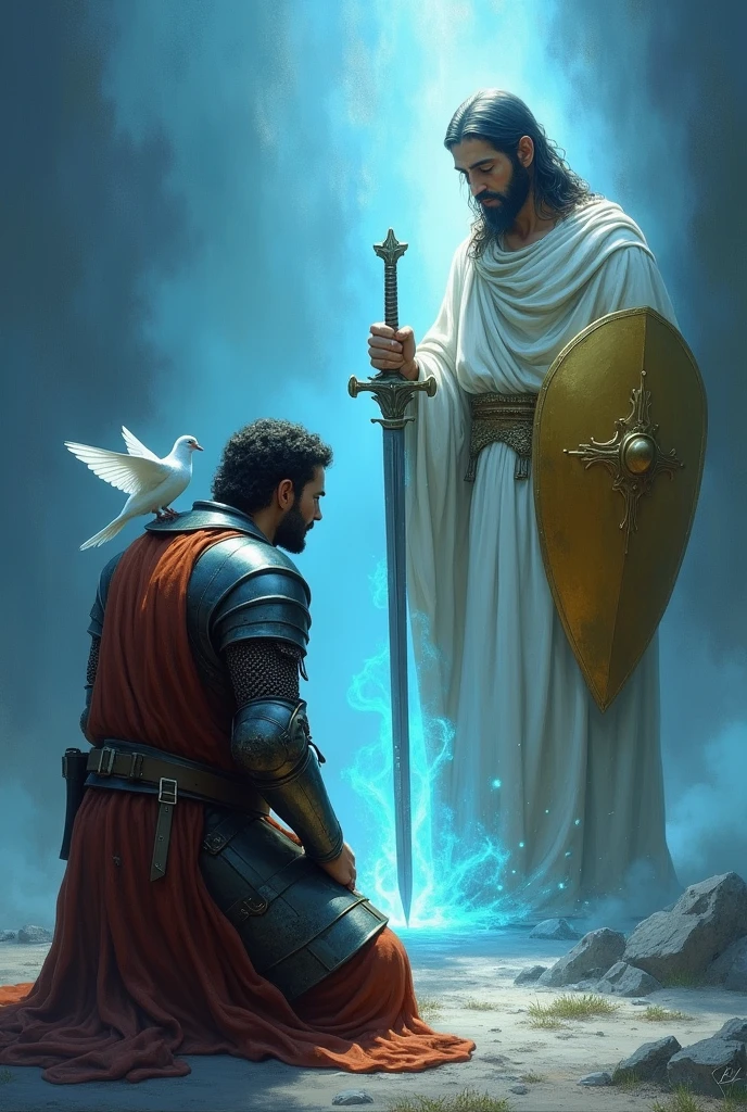 A soldier who kneels before Christ who have a sword and Shield have a dove in his shoulder in despite a blue light in his sword,has a golden shield, christ has no face