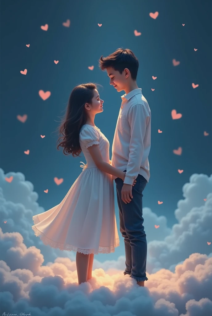 Don't change anything else, just do this in the images - Behind the girl, write "Arpita" , Behind the boy, write "Abhishek". Write all this in soft cloudy form. Also add some heart shaped clouds behind the girl and boy