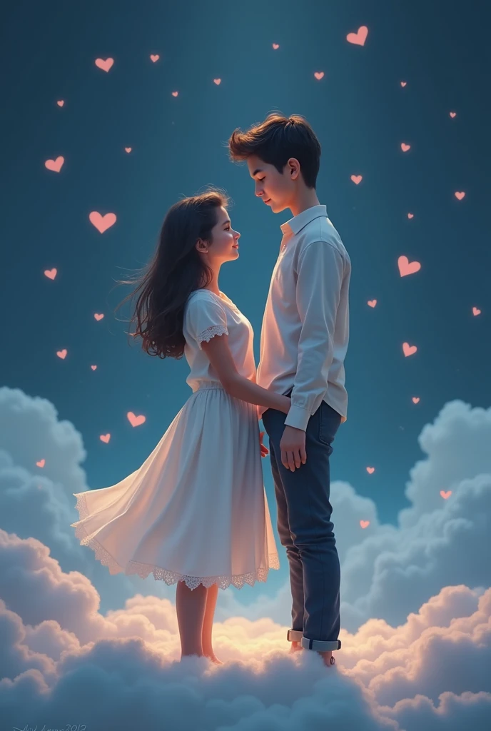 Don't change anything else, just do this in the images - Behind the girl, write "Arpita" , Behind the boy, write "Abhishek". Write all this in soft cloudy form. Also add some heart shaped clouds behind the girl and boy