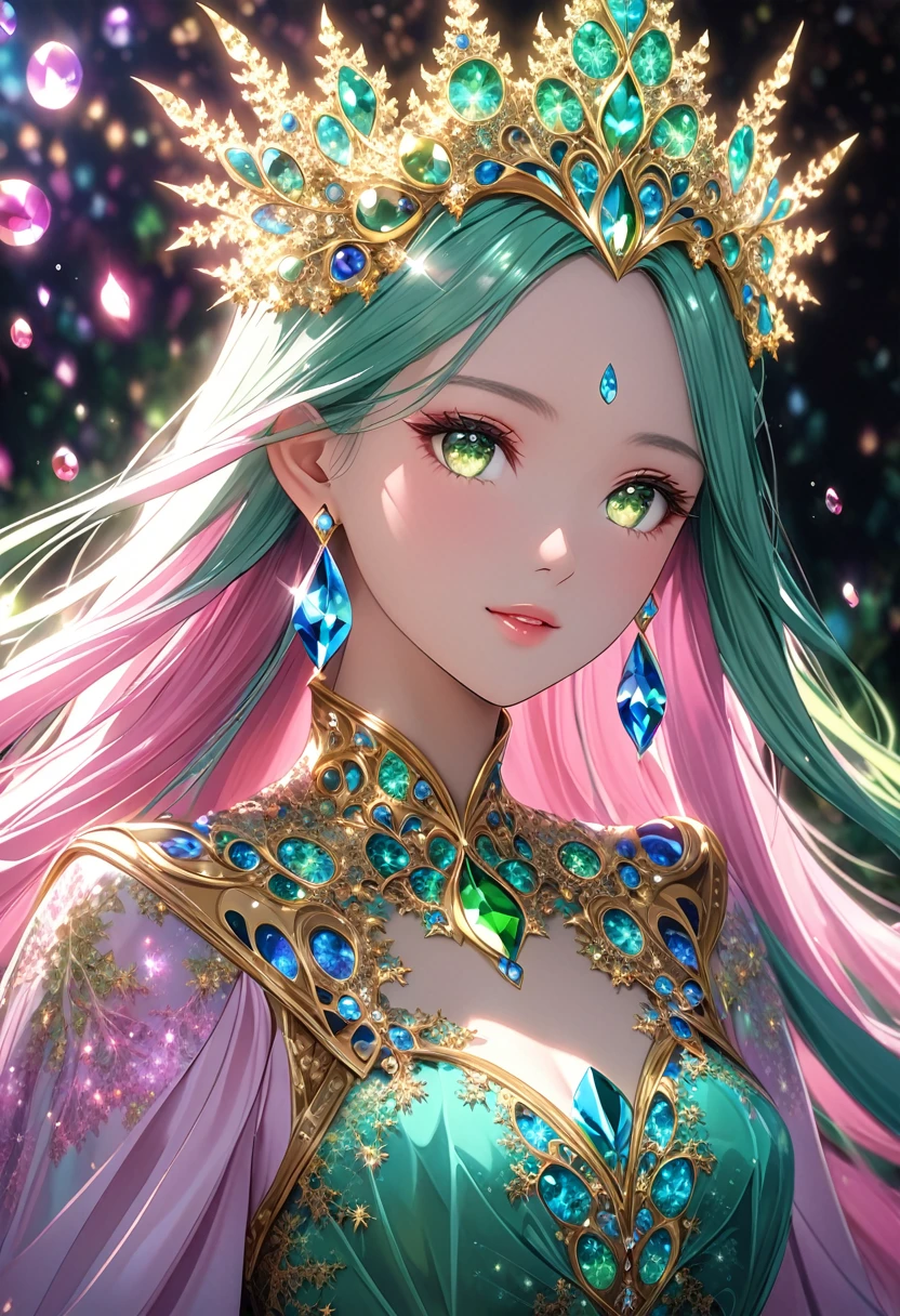 ((full body)).(masterpiece、Highest quality、Highest quality、Official Art、detailed、Beautiful and aesthetic:1.2)、(One Girl)、(Fractal Art:2.0)、Very long straight hair、Pink Shiny Crystal Colorful Hair, Yellow-green crystal eyes, Close-up shot, Face shot, Focus on your audience, Fascinating face, Meaningful Expressions, Wearing a dress、coat, Disney Princess Style, And soul, Gorgeous and colorful light details、Floating water droplets, Backlight, Intuitive、sharp、Accurate focus、Instagram Photos、Photo of the Year、Cinema 4D、dramatic、