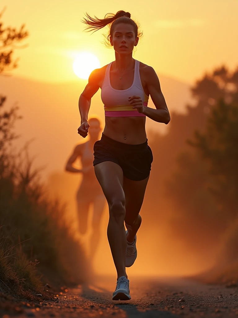 A powerful and inspiring scene of a woman running along a scenic path at sunrise, symbolizing self-improvement and determination. She is in athletic wear, with a look of focused determination on her face as she pushes herself forward. Behind her, a subtle, ghostly image of herself from the previous day is slightly visible, representing her past self that she is surpassing. The background features a beautiful landscape with a rising sun casting a golden glow, symbolizing new beginnings and growth. The overall mood is one of empowerment, personal triumph, and the relentless pursuit of self-betterment."