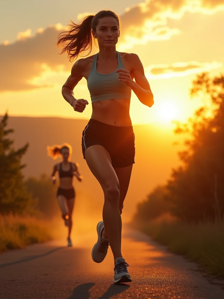 A powerful and inspiring scene of a woman running along a scenic path at sunrise, symbolizing self-improvement and determination. She is in athletic wear, with a look of focused determination on her face as she pushes herself forward. Behind her, a subtle, ghostly image of herself from the previous day is slightly visible, representing her past self that she is surpassing. The background features a beautiful landscape with a rising sun casting a golden glow, symbolizing new beginnings and growth. The overall mood is one of empowerment, personal triumph, and the relentless pursuit of self-betterment."