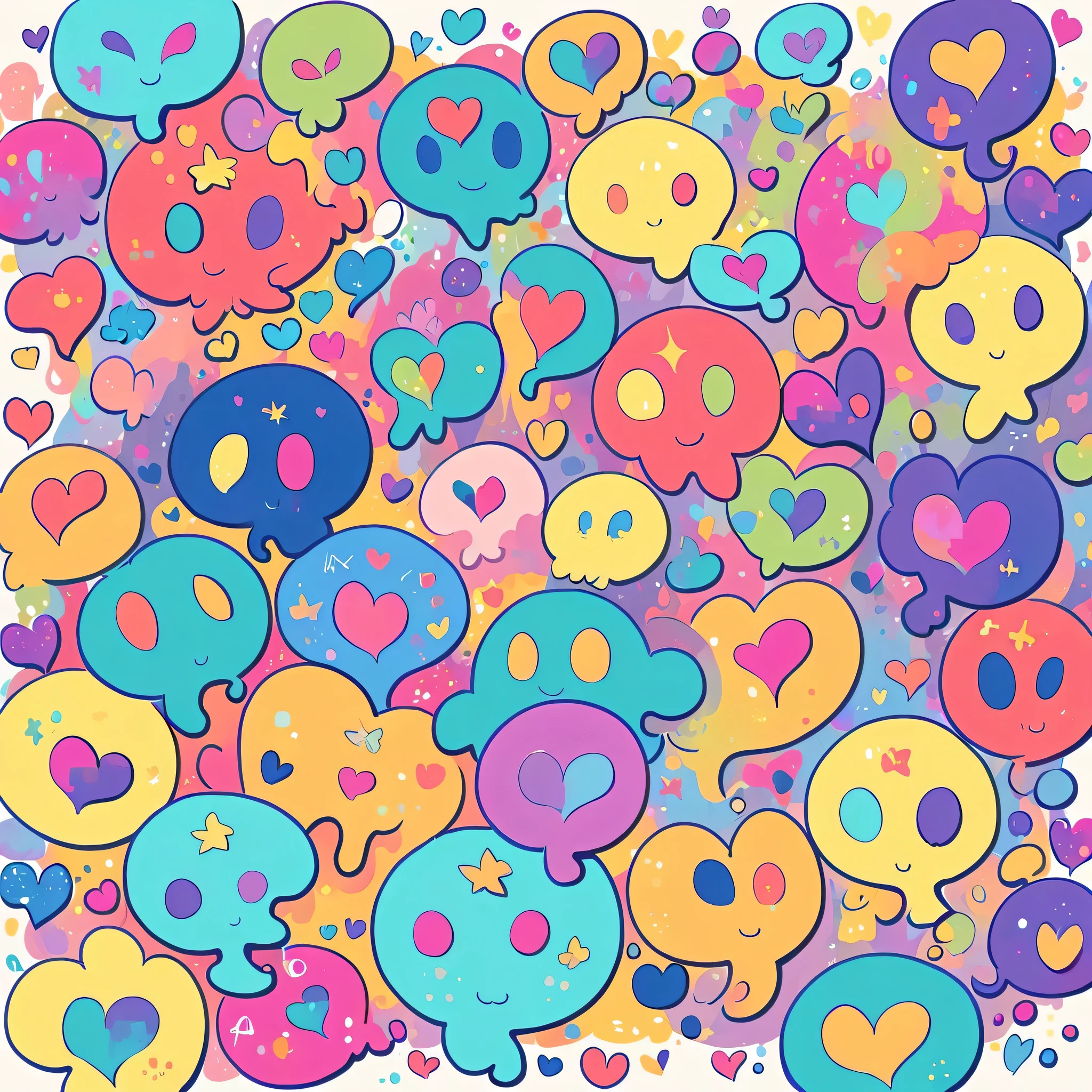 Seizo Watase style, Simple Line Initialism,Abstract art,No Background, colorful hearts ,Cute Aliens