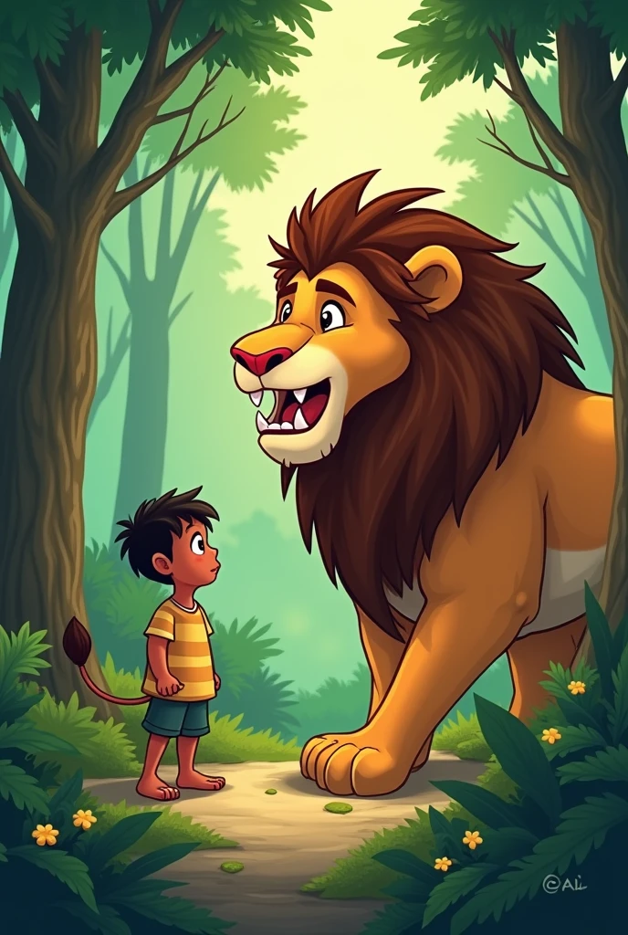 As Ali wandered through the forest, he suddenly spotted a lion. He felt a little scared at first, but then he noticed that the lion was injured and groaning in pain. Ali gathered his courage and slowly approached the lion cartoon

Once upon a time, there was a young boy named Ali who lived near a village surrounded by a dense forest. Ali had heard many stories about the jungle, but today, he wanted to experience it himself.

As Ali wandered through the forest, he suddenly spotted a lion. He felt