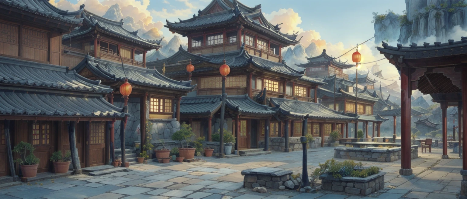 中国Ink画,  masterpiece , best quality, Ink画，Guo Chao，Ink，（Xianxia scene，Fantasy fairyland scene，Pavilions，architecture具有东南亚特色，cloud雾缭绕：1.5），outdoor，Sky，daytime，cloud，Tree，Blue sky，nobody，window，plant，architecture，landscape，lantern，stairs，Potted plants，architecture，东亚architecture，landscape