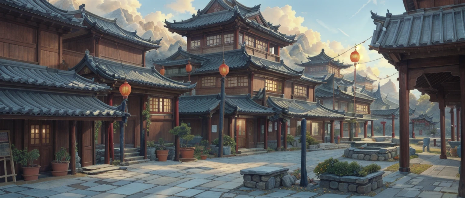 中国Ink画,  masterpiece , best quality, Ink画，Guo Chao，Ink，（Xianxia scene，Fantasy fairyland scene，Pavilions，architecture具有东南亚特色，cloud雾缭绕：1.5），outdoor，Sky，daytime，cloud，Tree，Blue sky，nobody，window，plant，architecture，landscape，lantern，stairs，Potted plants，architecture，东亚architecture，landscape