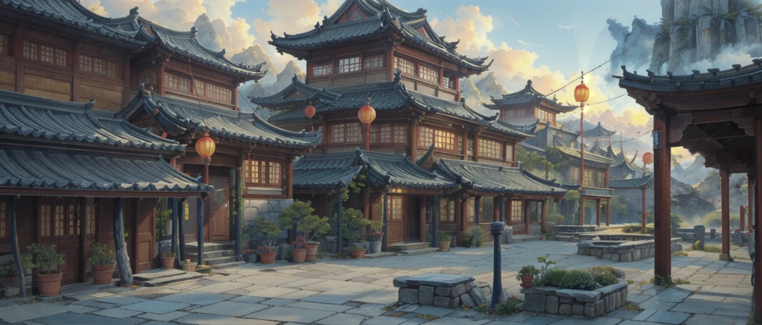 中国Ink画,  masterpiece , best quality, Ink画，Guo Chao，Ink，（Xianxia scene，Fantasy fairyland scene，Pavilions，architecture具有东南亚特色，cloud雾缭绕：1.5），outdoor，Sky，daytime，cloud，Tree，Blue sky，nobody，window，plant，architecture，landscape，lantern，stairs，Potted plants，architecture，东亚architecture，landscape