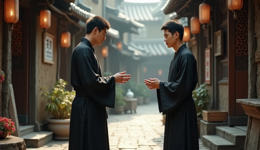 Street-style photograph set in a rustic, narrow alleyway lined with small shops and stalls. The layout features a central figure, a young Asian man with fair skin and short black hair, He is dressed in a long, black traditional robe, He is depicted teaching, with his Asian layman intently listening to him.
