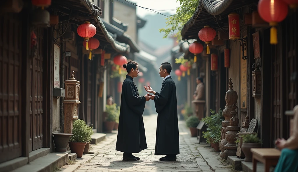 Street-style photograph set in a rustic, narrow alleyway lined with small shops and stalls. The layout features a central figure, a young Asian man with fair skin and short black hair, He is dressed in a long, black traditional robe, He is depicted teaching, with his Asian layman intently listening to him.