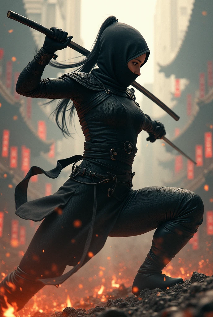 Female Ninja、Black Chainmail、slender、Black Costume、Intense battle scenes、Acrobatic pose