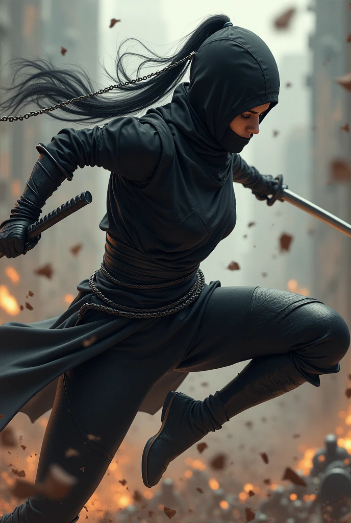 Female Ninja、Black Chainmail、slender、Black Costume、Intense battle scenes、Acrobatic pose