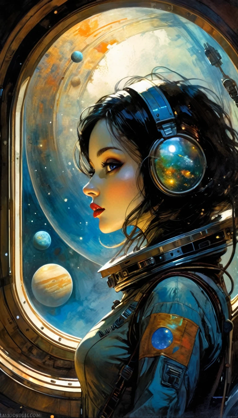 sexy girl, astronaut, dressed as an astronaut, in spaceship, bay window with views of planets and stars, (best quality, 4k, 8k, high resolution, masterpiece: 1.2), ultra-detailed, (realistic, photorealistic, photorealistic : 1.37), intricate details, vivid colors, sharp focus, professional, Dave McKean artwork, surreal oil touch, oil painting style, portrait, woman, beautiful detailed eyes, beautiful detailed lips, dreamlike atmosphere, game of shadows, soft lighting, fun pose, dark tones, ethereal background, fantasy elements, texture, layered composition., art inspired by Bill Sienkiewicz and Dave McKean
